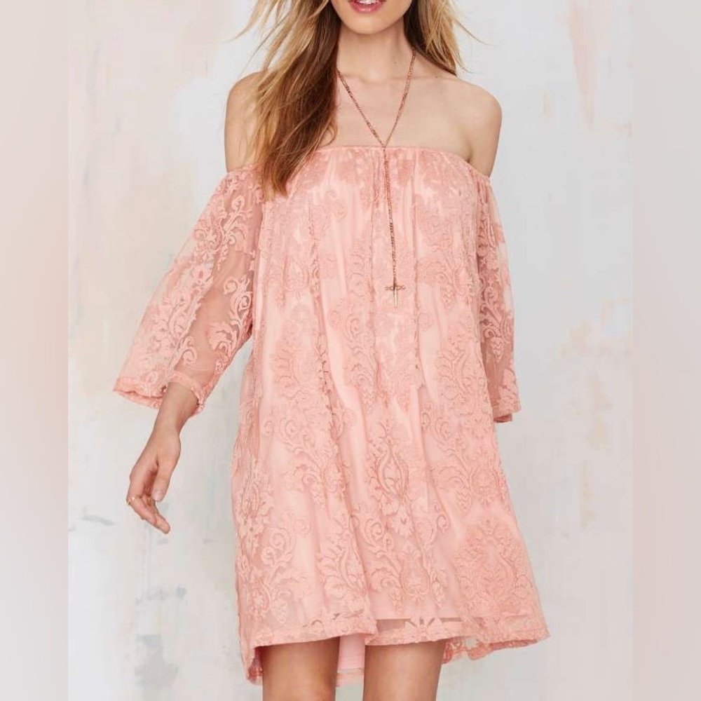 NWT Off-The-Shoulder Romantic Damask Lace Dress Elegant Pastel Rose Pink Tunic S